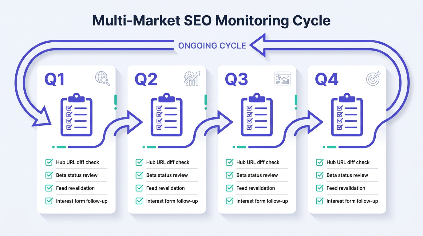 Quarterly monitoring cycle infographic for Google regional search features eligibility