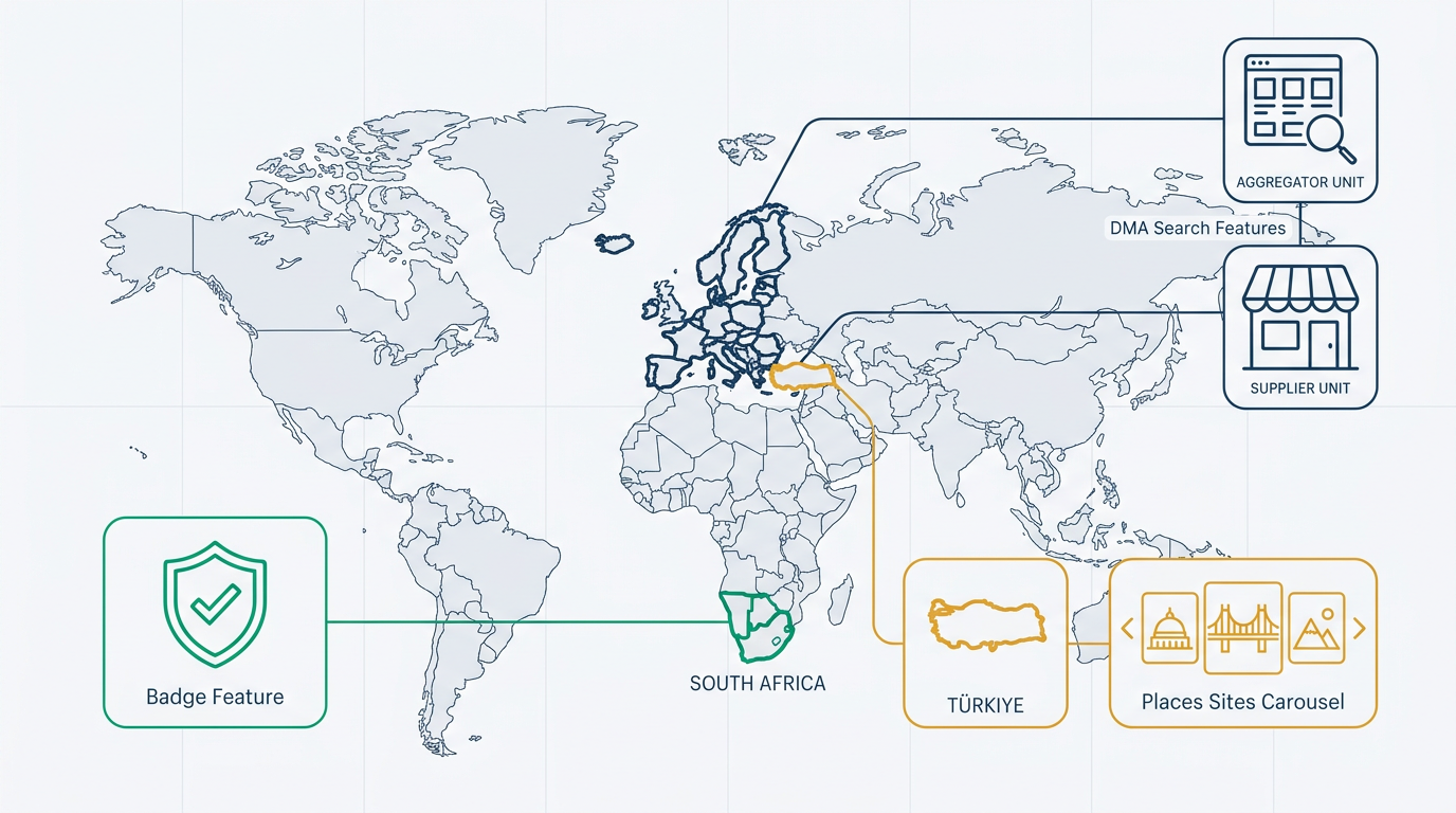 Diagram map showing Google regional search features for EEA, Türkiye, and South Africa