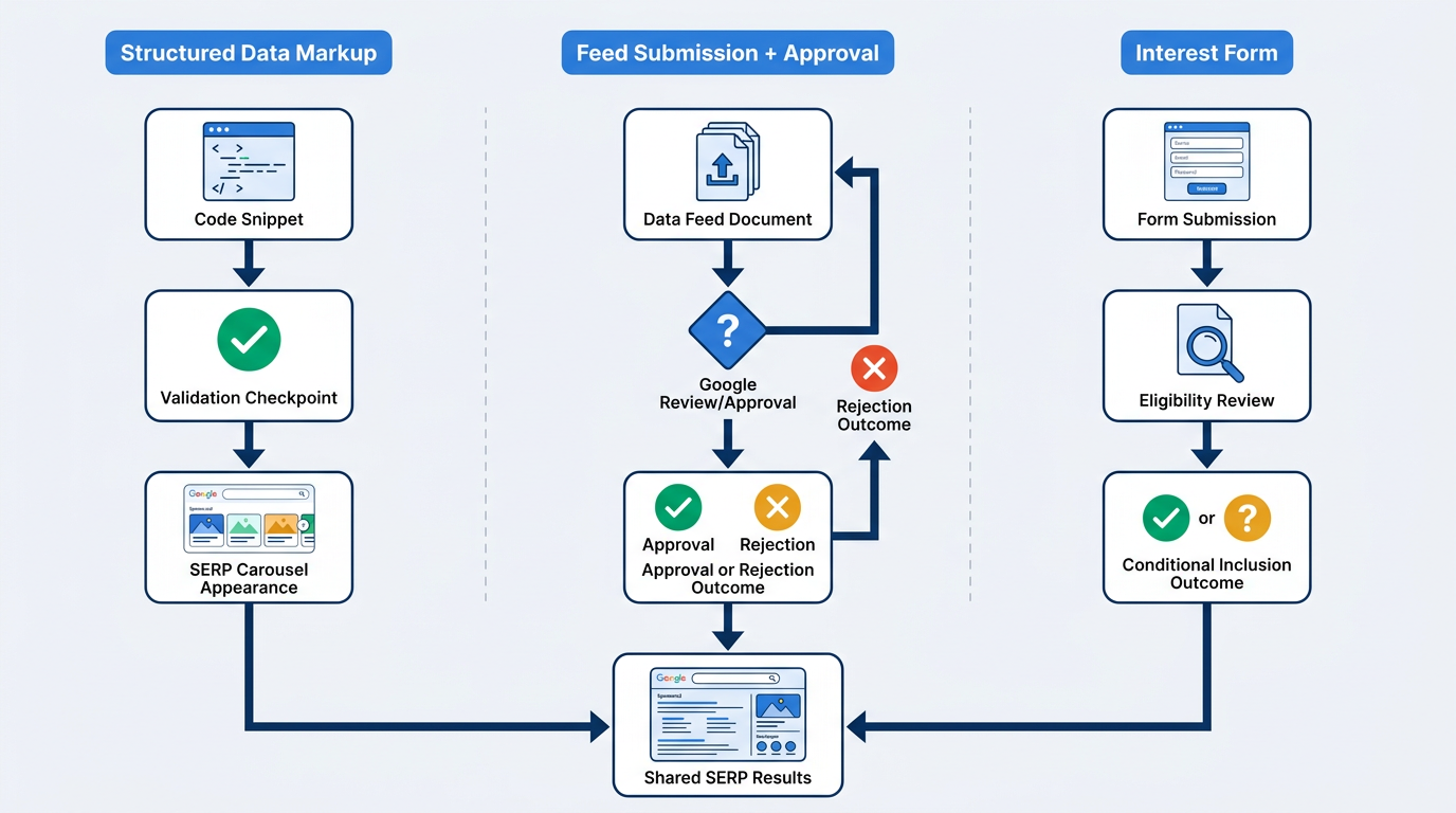 Flowchart showing three regional SERP feature participation paths: structured data, feed submission, and interest form
