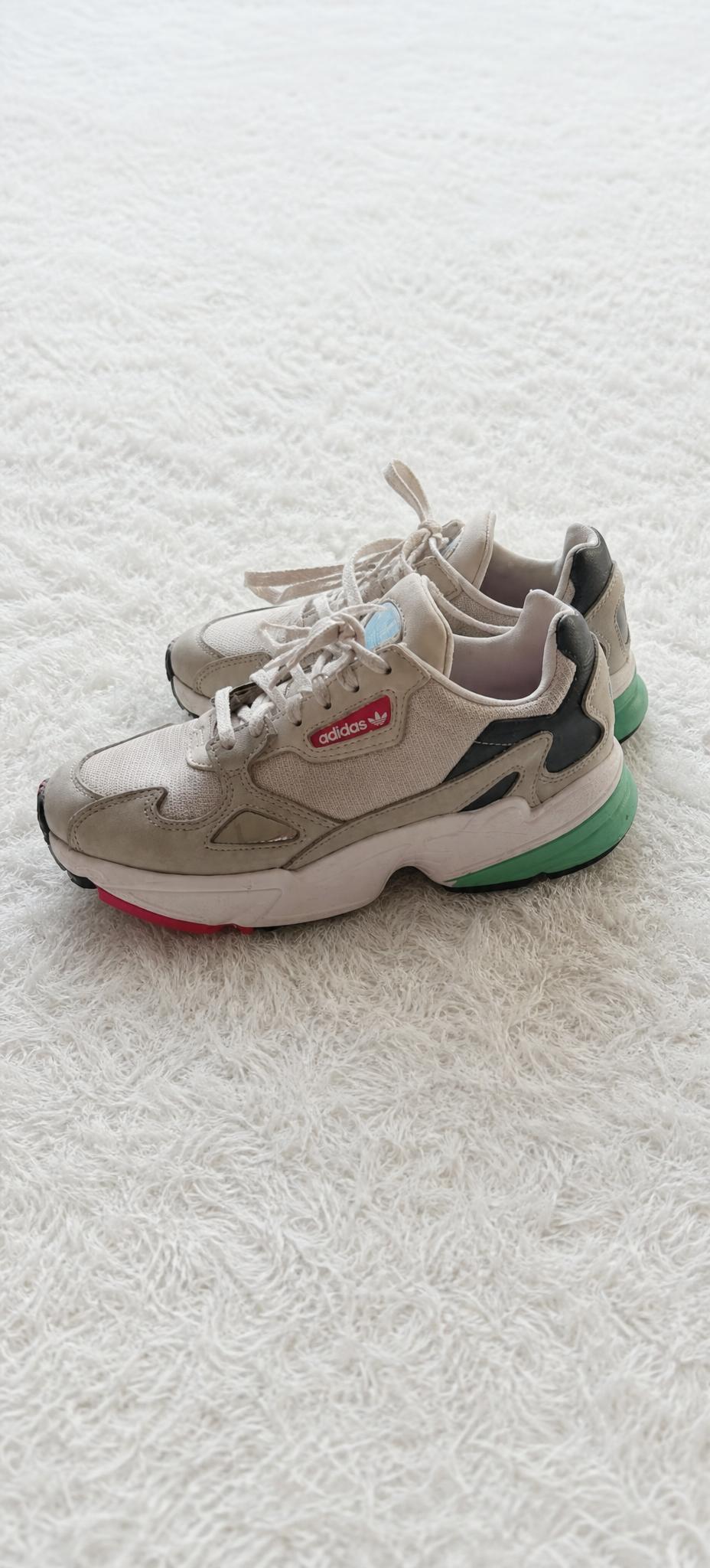adidas chunky cream trainers with green and red accents