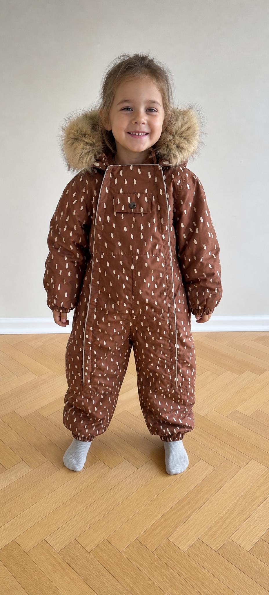 Kids brown patterned winter snowsuit with faux-fur hood