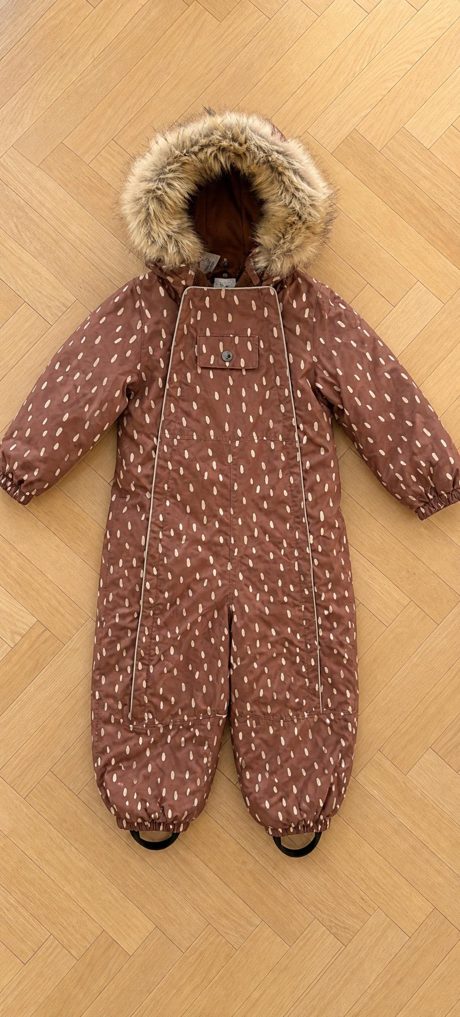 Brown Kids Padded Snowsuit with Fur Hood & Dash Print