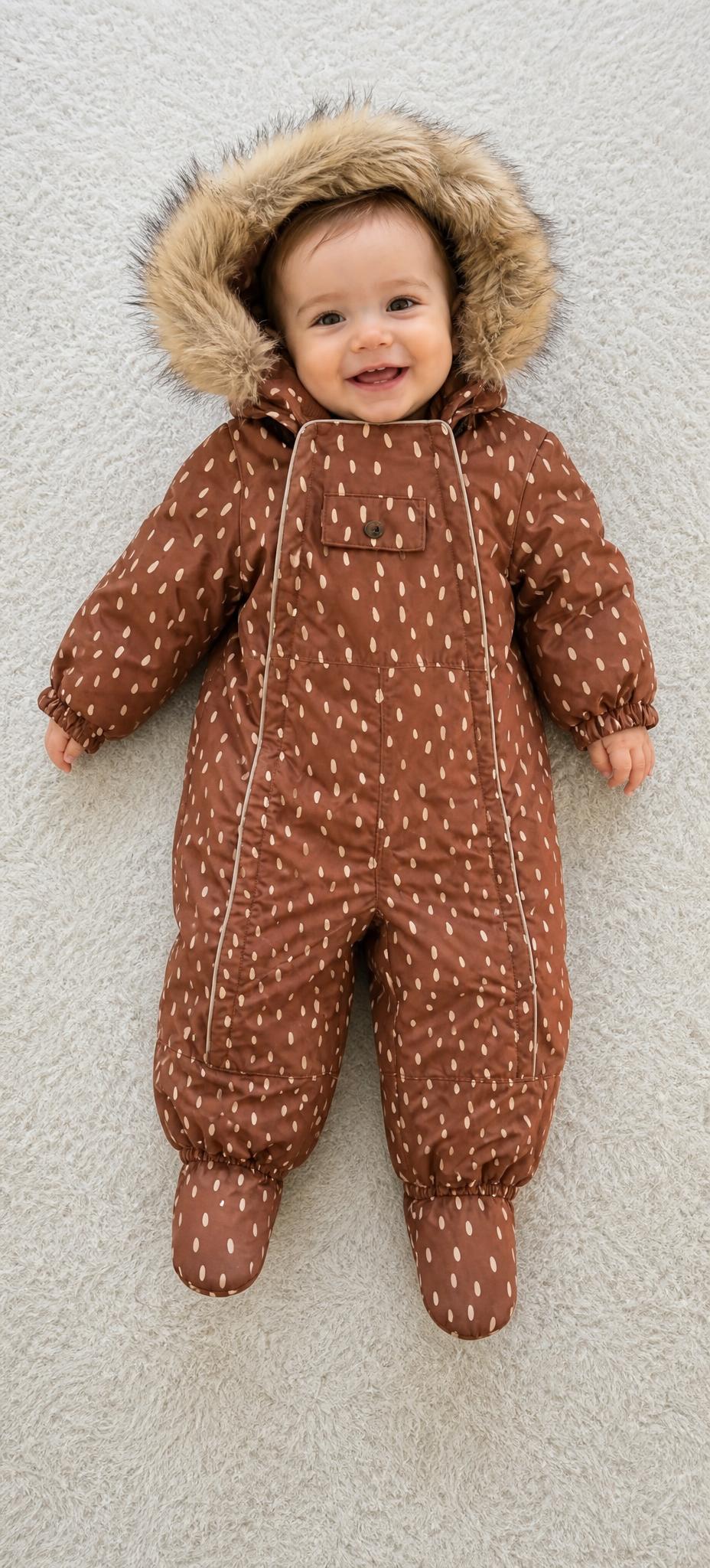 Kids Brown Patterned Hooded Padded Snowsuit with Fur Trim