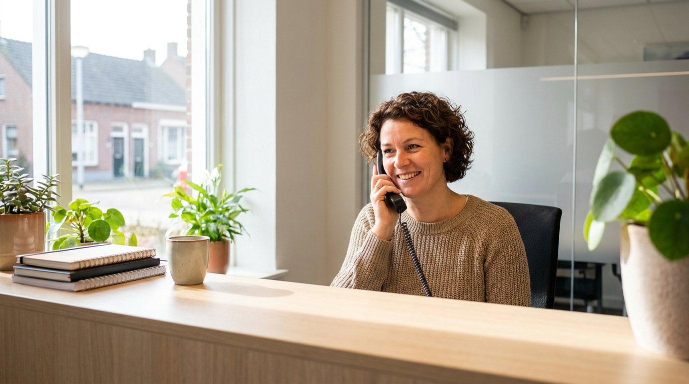 Ondernemer neemt met een vriendelijke glimlach de telefoon op in een licht kantoor, symbool voor een goede eerste indruk aan de telefoon