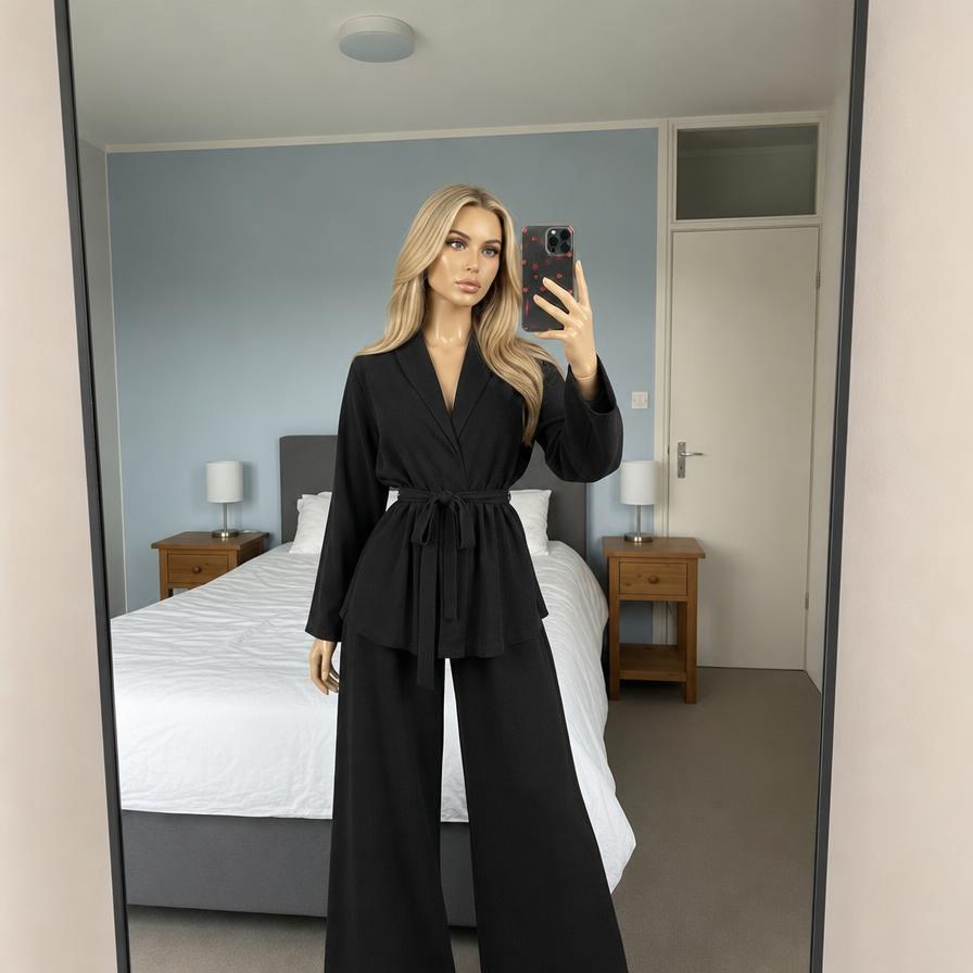 Black Wrap Tie-Waist Top & Wide-Leg Trousers Set