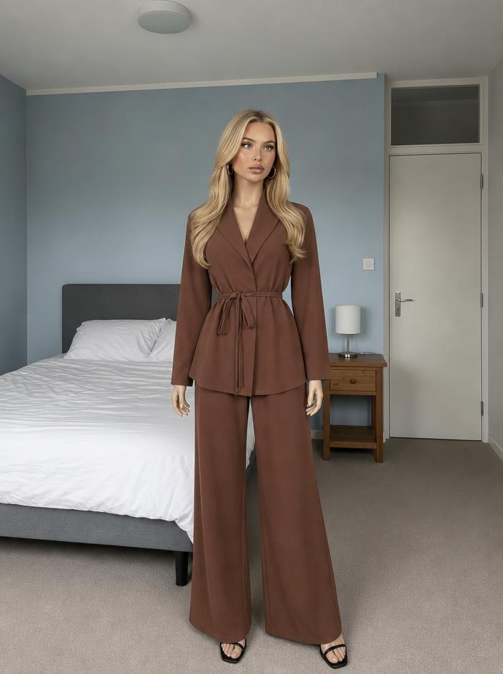 Chocolate Brown Wrap Blazer & Wide-Leg Trousers Set
