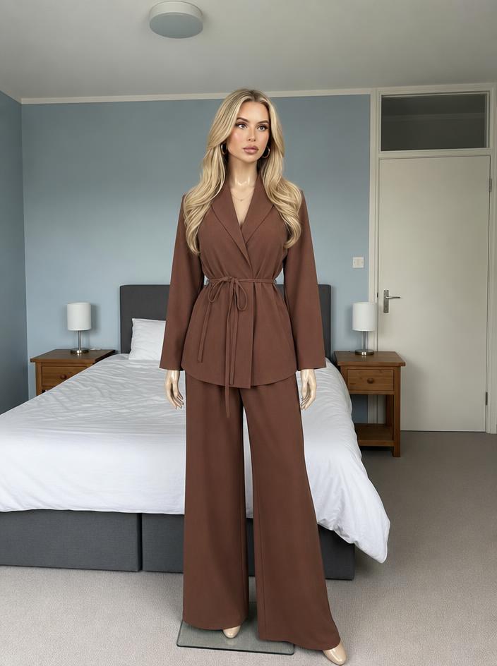 Chocolate Brown Wrap Top & Wide-Leg Trouser Co-Ord Set