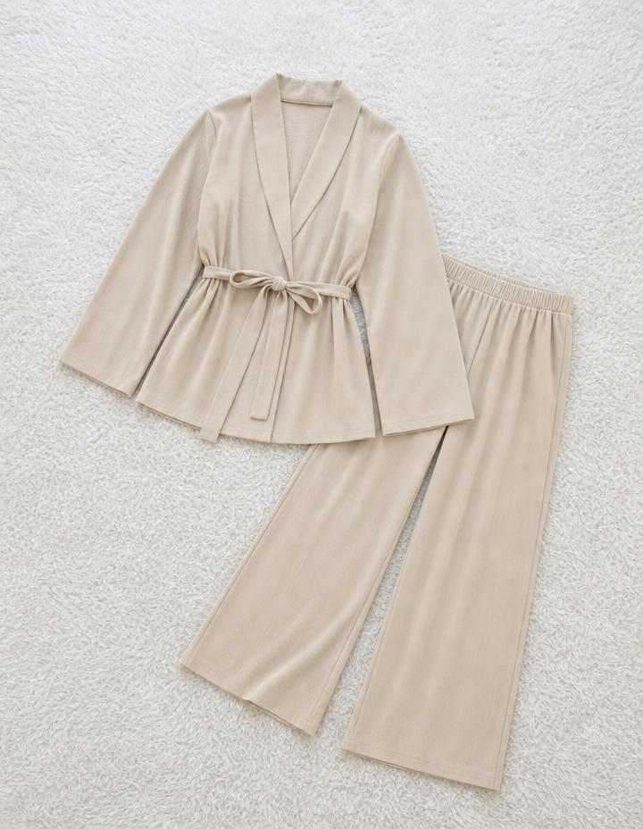 Beige wrap blazer wide-leg trouser co-ord set