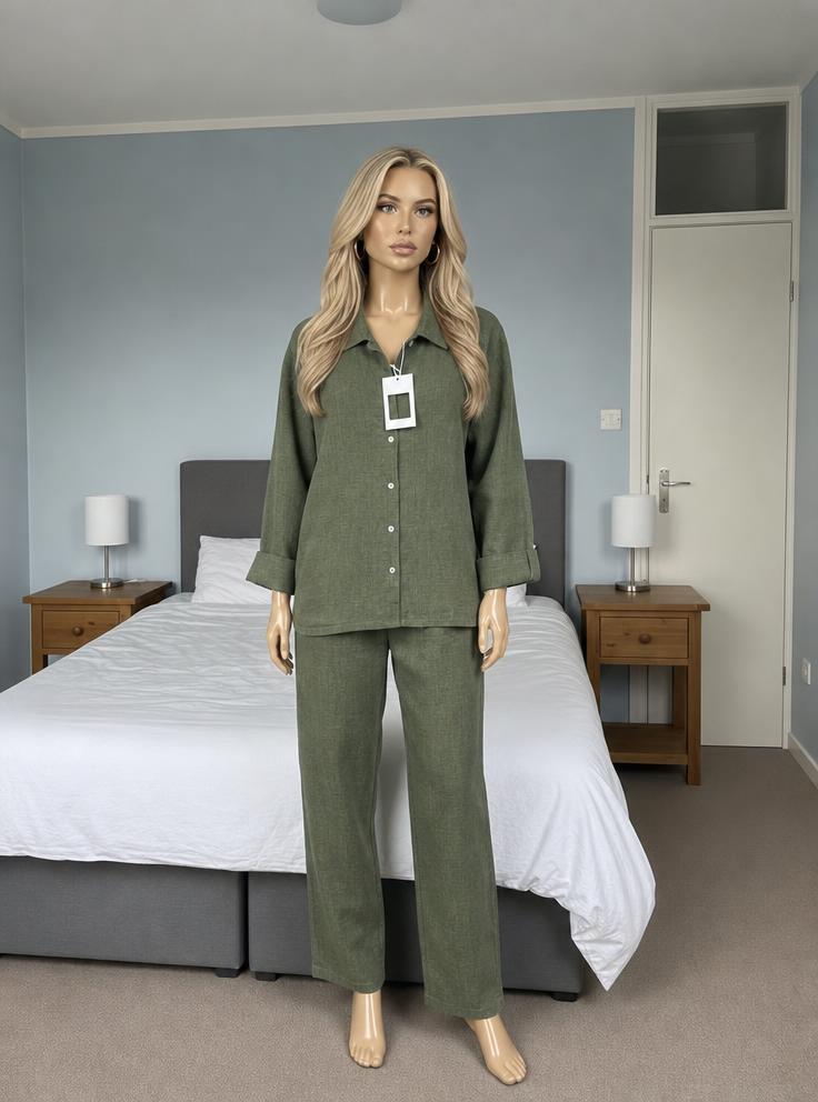 Olive Green Linen-Look Shirt & Shorts Co-ord Set New