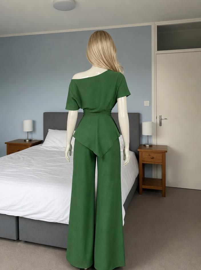 Emerald Green Wide-Leg Peplum Jumpsuit with Gold Clasp