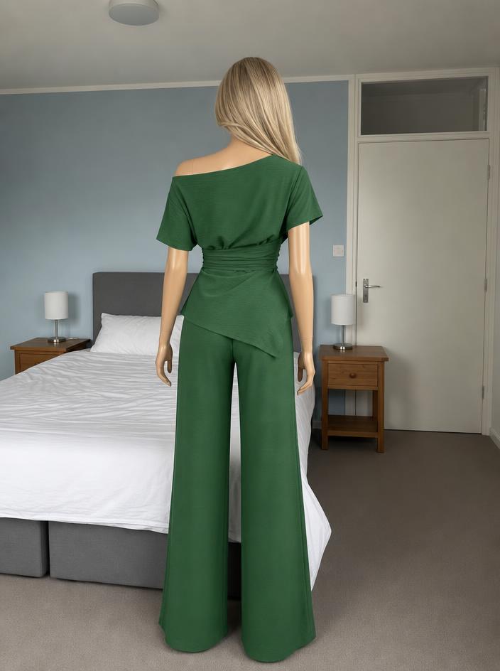 Emerald Green Wide-Leg Jumpsuit with Draped Waist