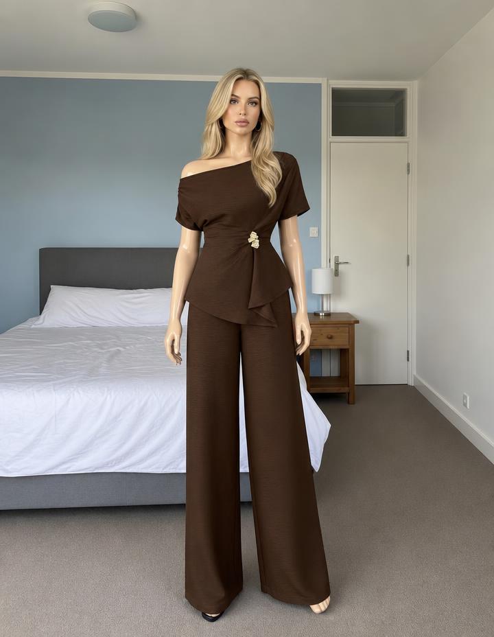 Chocolate Brown One-Shoulder Wide-Leg Jumpsuit with Gold Clasp
