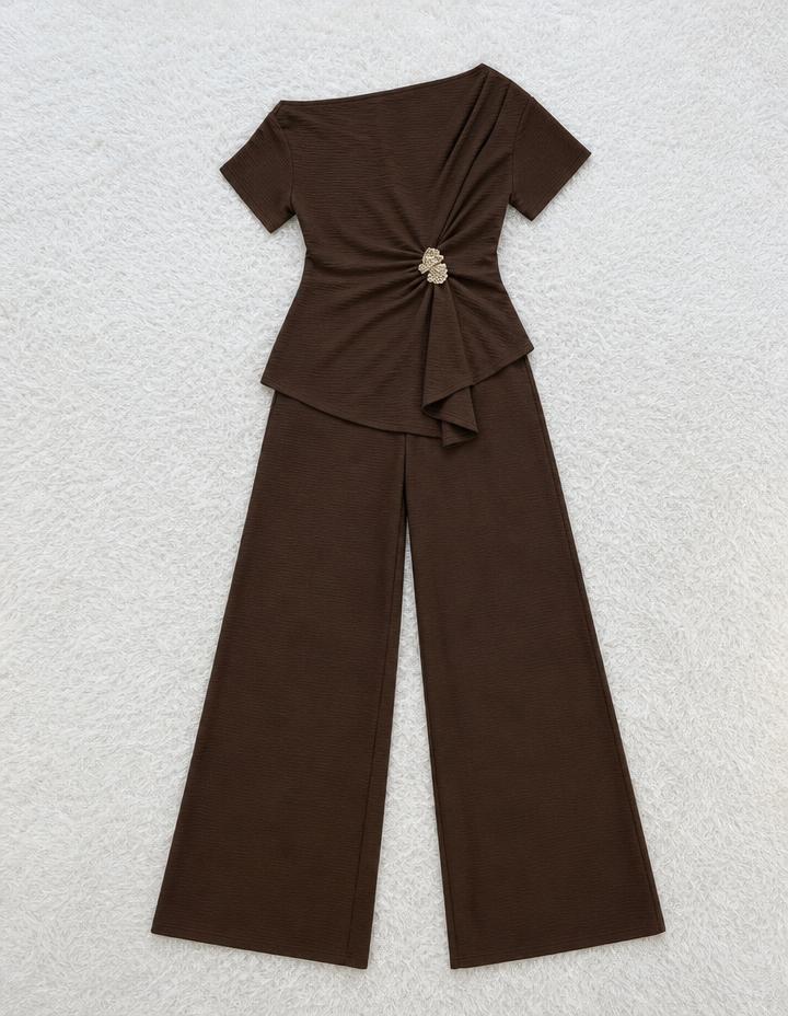 Chocolate Brown Draped Wide-Leg Jumpsuit with Gold Clasp
