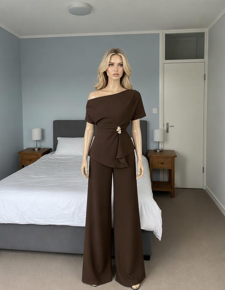 Chocolate Brown Off-Shoulder Wide-Leg Co-ord Set