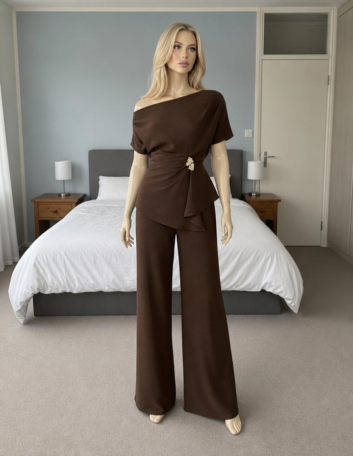 Chocolate Brown Off-Shoulder Wide-Leg Jumpsuit – Very Good