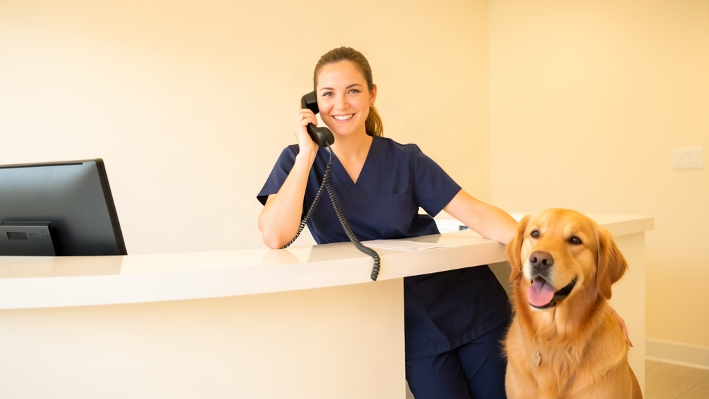 A veterinary technician in unbranded navy scrubs answering a phone call at a modern clinic reception with a golden retriever nearby, no text