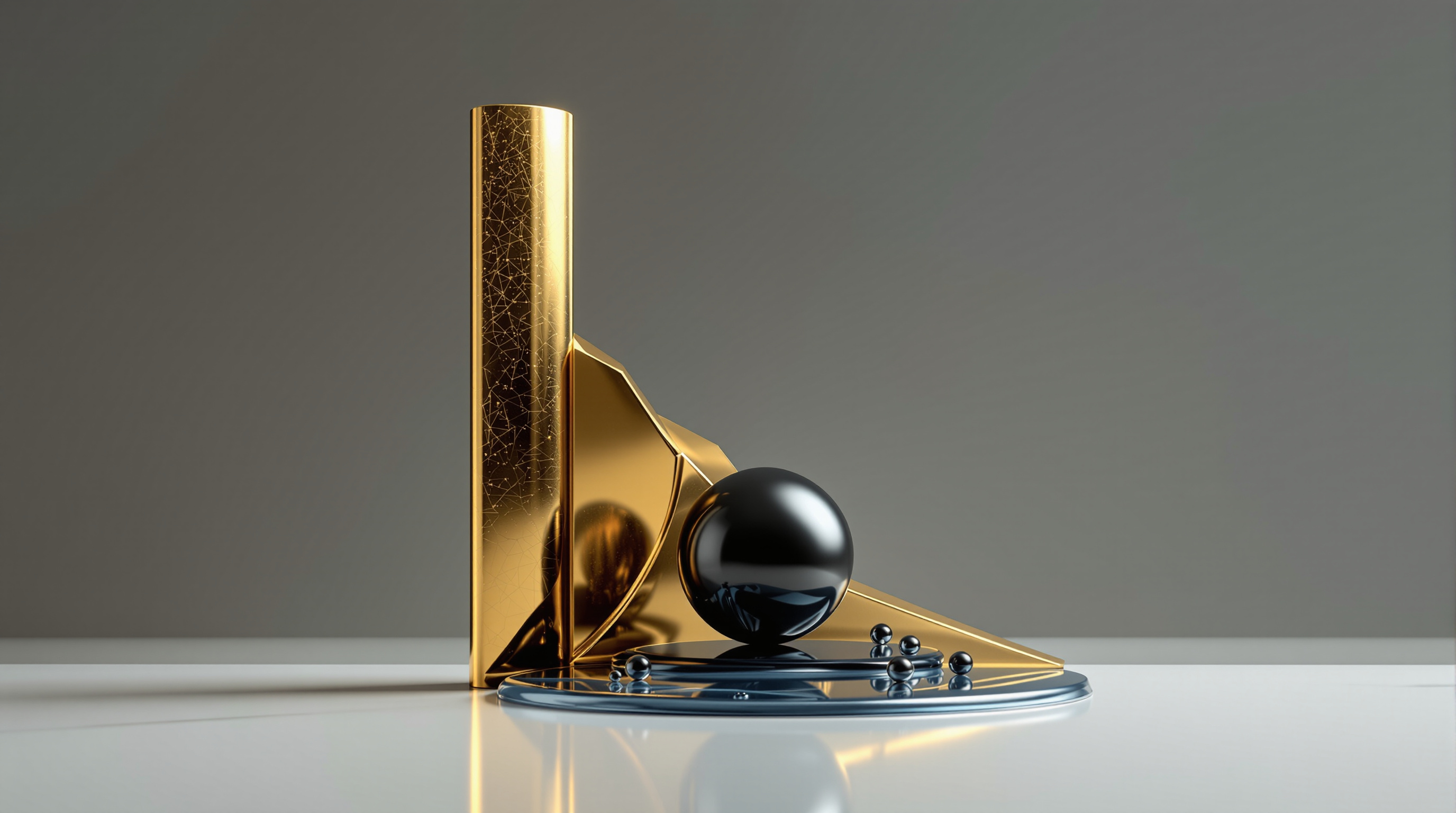 abstract financial sculpture composed of a burnished gold yield spire, a matte-black orb representing stocks, a glossy tilted plane, and a flattened s — editorial cover artwork for the Knightron story on Fed Hikes Rates As Warsh Warns Inflation 'Too High,' Stocks