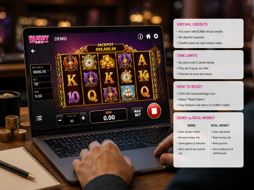 Photo-realistic image illustrating the topic of the article section "Step 4: Play the Demo – Understand Virtual Credits, Time Limits, and Betting" (about the online casino brand "pussy888 demo"): Explain how virtual credits work, typical balance (e.g., 8888 credits), time limits (if any), and how to reset. Compare demo wagering to real-money mechanics. Cover gap: no demo mode time limits or virtual credit details.