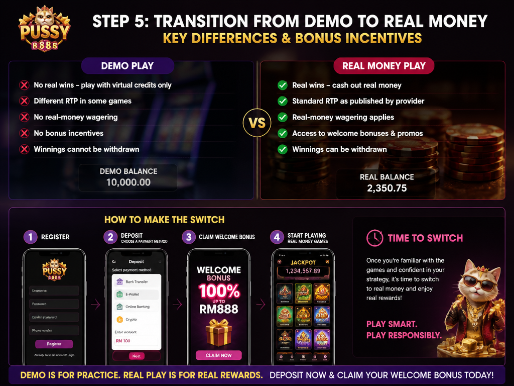 Photo-realistic image illustrating the topic of the article section "Step 5: Transition from Demo to Real Money – Key Differences and Bonus Incentives" (about the online casino brand "pussy888 demo"): Highlight differences: no real wins in demo, different RTP? How to deposit and claim welcome bonuses. Cover gaps: no demo vs real-money wagering differences, no demo-to-real-money transition or bonus incentives. Mention time to switch.