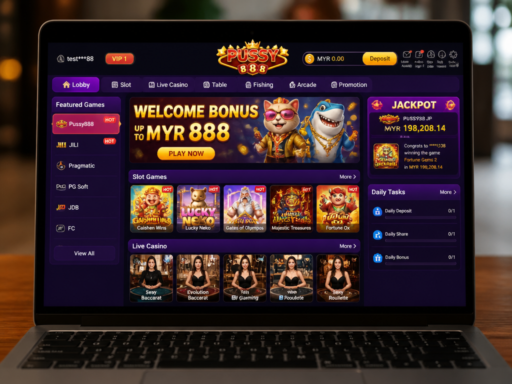 Photo-realistic image illustrating the topic of the article section "What Is the Pussy888 Lobby? A Quick Overview" (about the online casino brand "pussy888 lobby"): Introduce the Pussy888 lobby as the main game hub for slots, table games, and live casino. Explain its role and why navigating it efficiently matters. This covers the gap of no overall description of the lobby layout or game categories.
