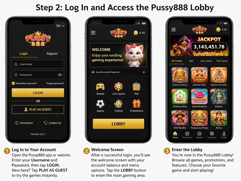 Photo-realistic image illustrating the topic of the article section "Step 2: Log In and Access the Pussy888 Lobby" (about the online casino brand "pussy888 lobby"): Walk through the login process (username/password or guest login), what to expect after login (welcome screen, lobby button), and how to enter the lobby. Covers the gap of no login explanation.