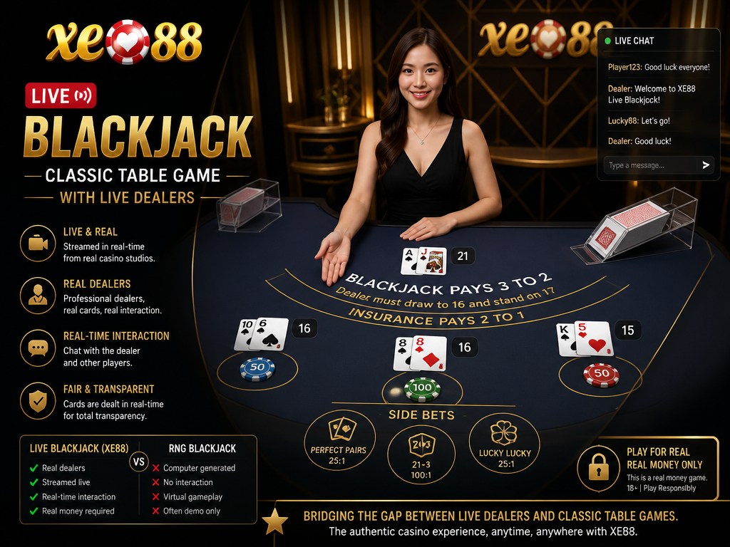 Image illustrating the online casino game or provider "Xe88", for an article section titled "Live Blackjack - Classic Table Game with Live Dealers": Cover Live Blackjack from XE88 with side bets and real-time interaction. Explain that unlike RNG blackjack, this is streamed live and requires real money. Covers live dealer and table game gaps.