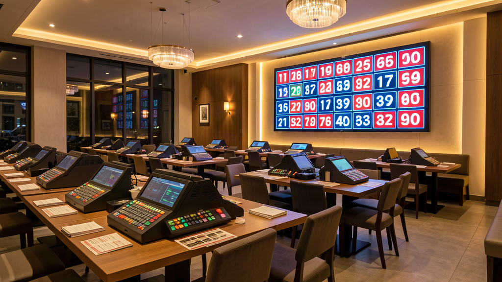 Sala bingo italiana moderna con schermo numeri