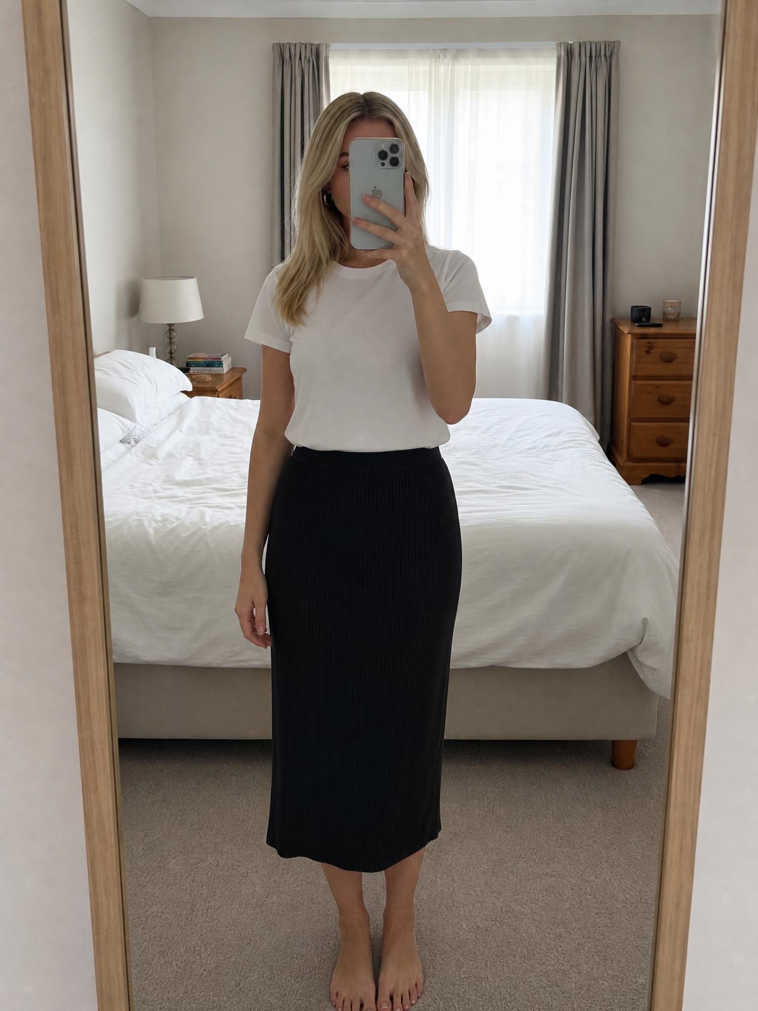 Black pleated midi skirt with elasticated waist – very good