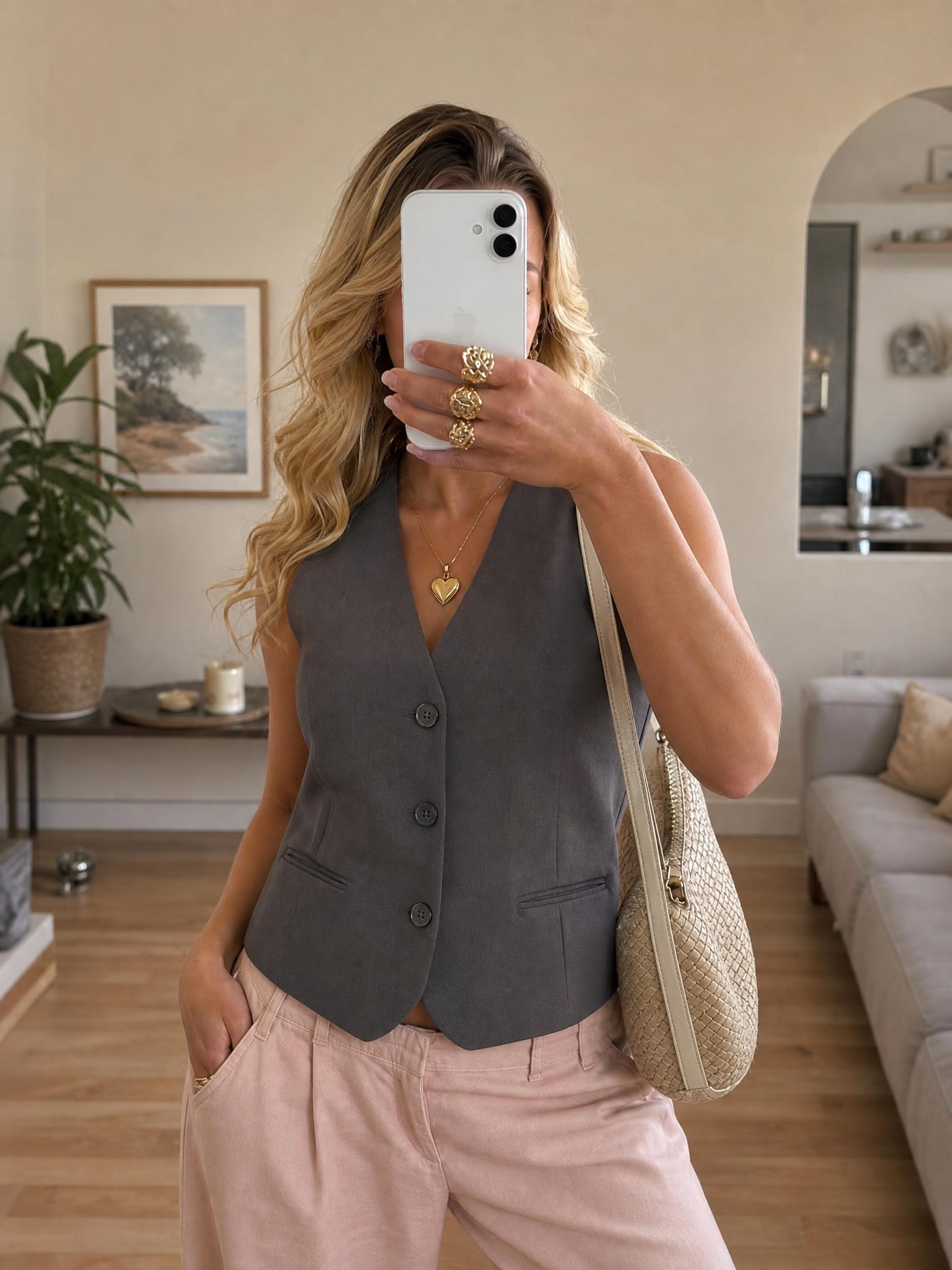Charcoal grey tailored waistcoat with lapels – very good