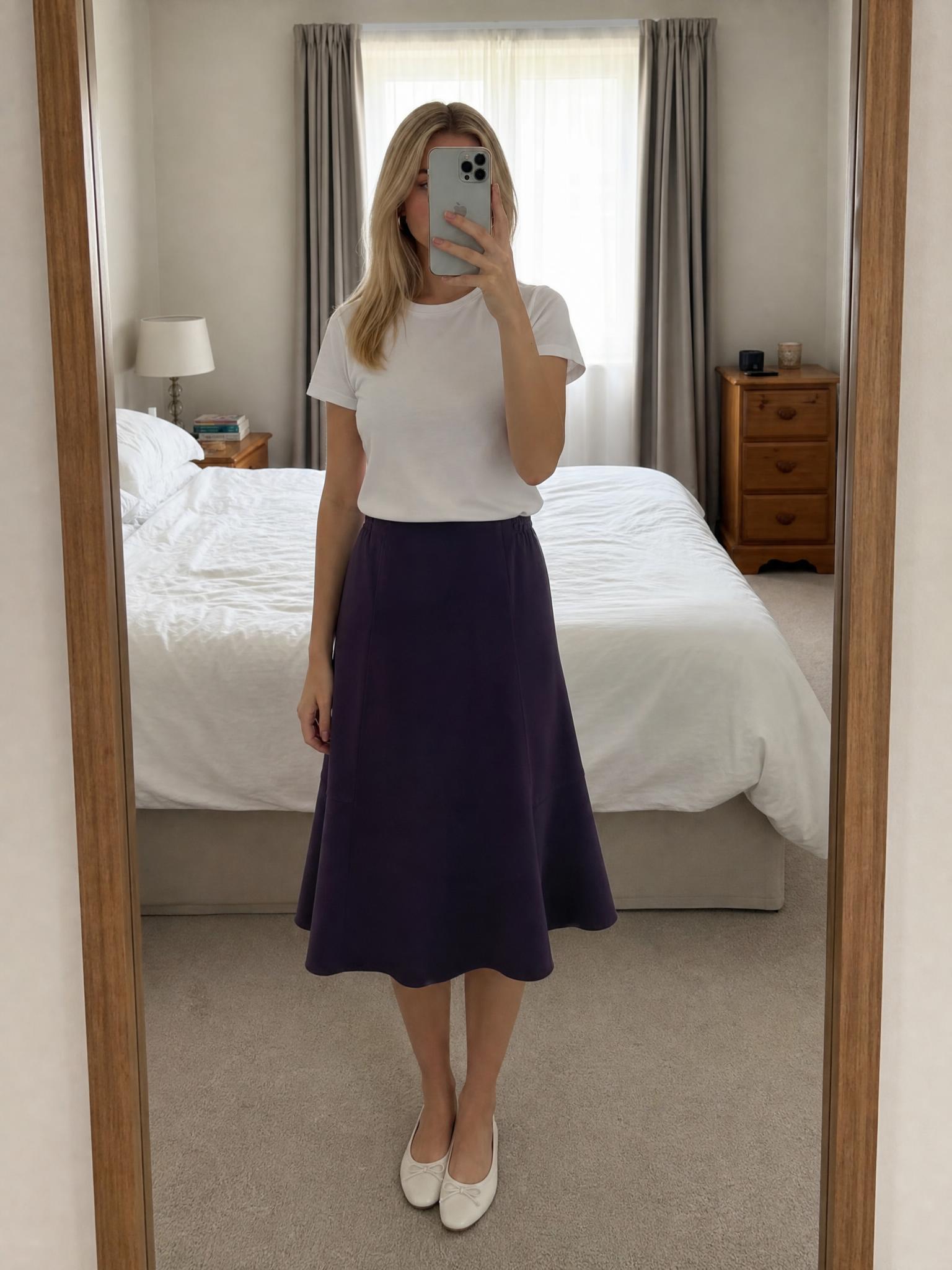 Deep Purple Long A-Line Skirt with Elastic Waist