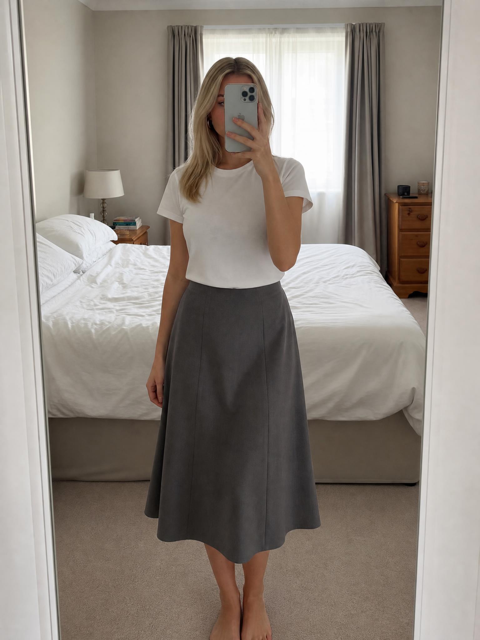 Dark Grey A-Line Midi Skirt with Wavy Hem – Very Good