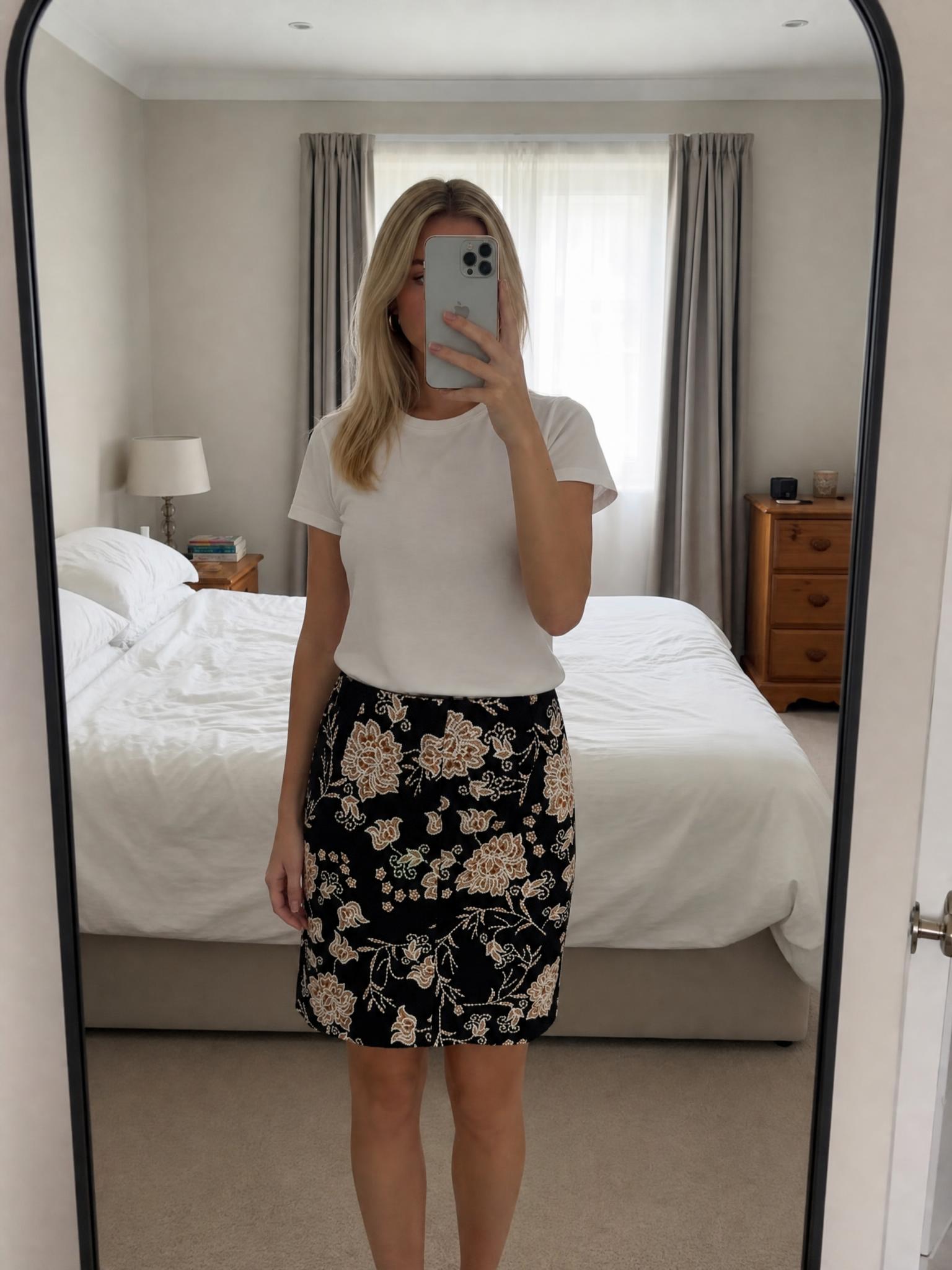 Black Floral Pencil Skirt with Cream Botanical Print