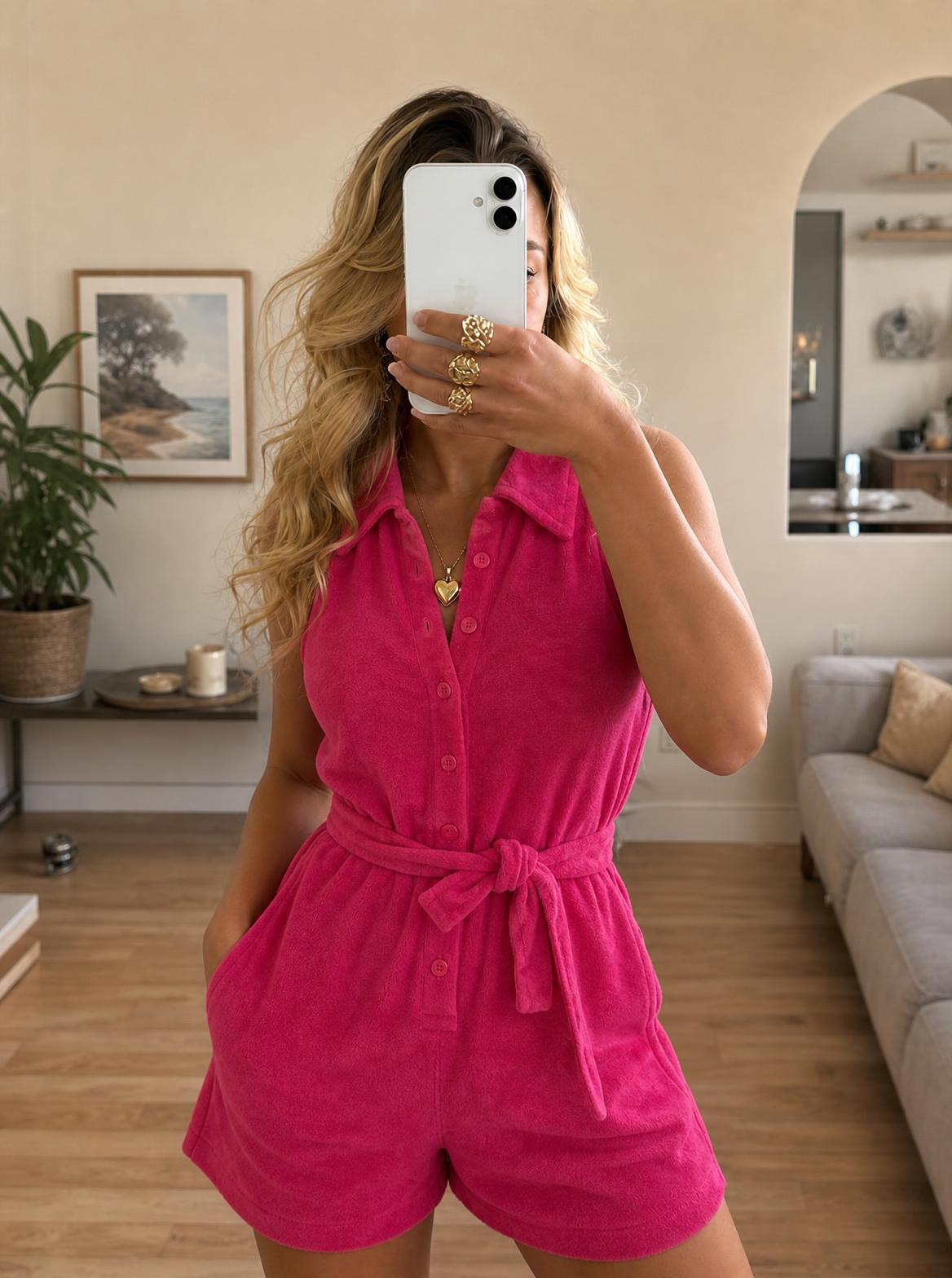 Hot Pink Collared Belted Playsuit New With Tags
