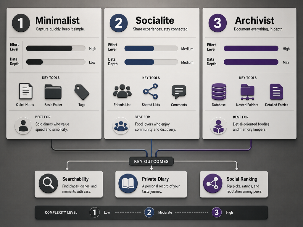 Comparison chart showing three levels of food organization: Minimalist for speed, Socialite for sharing, and Archivist for detailed dish databases.