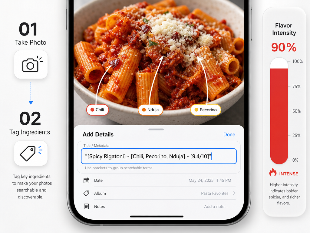 Smartphone UI mockup showing a photo of pasta with a metadata caption containing the dish name, ingredients, and a numerical rating score.