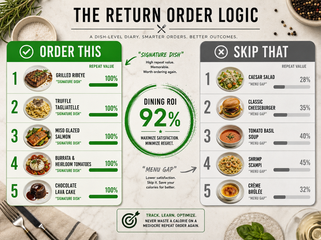 A comparative framework titled Order This versus Skip That, showing ranked dishes with repeat value scores and overall dining return on investment.