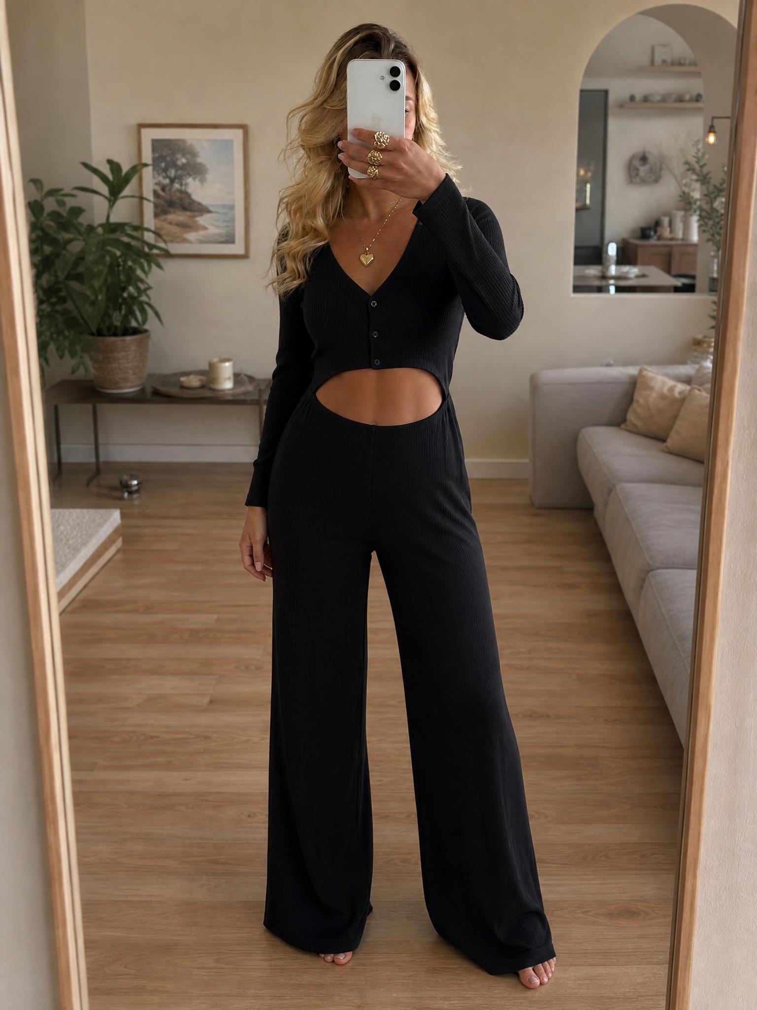 Monki black crinkle button-front wide-leg jumpsuit BNWT