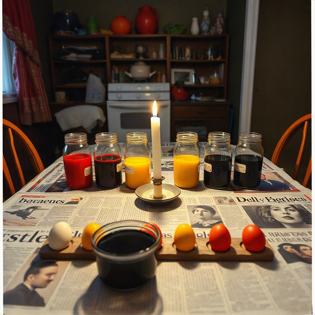 A kitchen table with newspaper down and jars on it