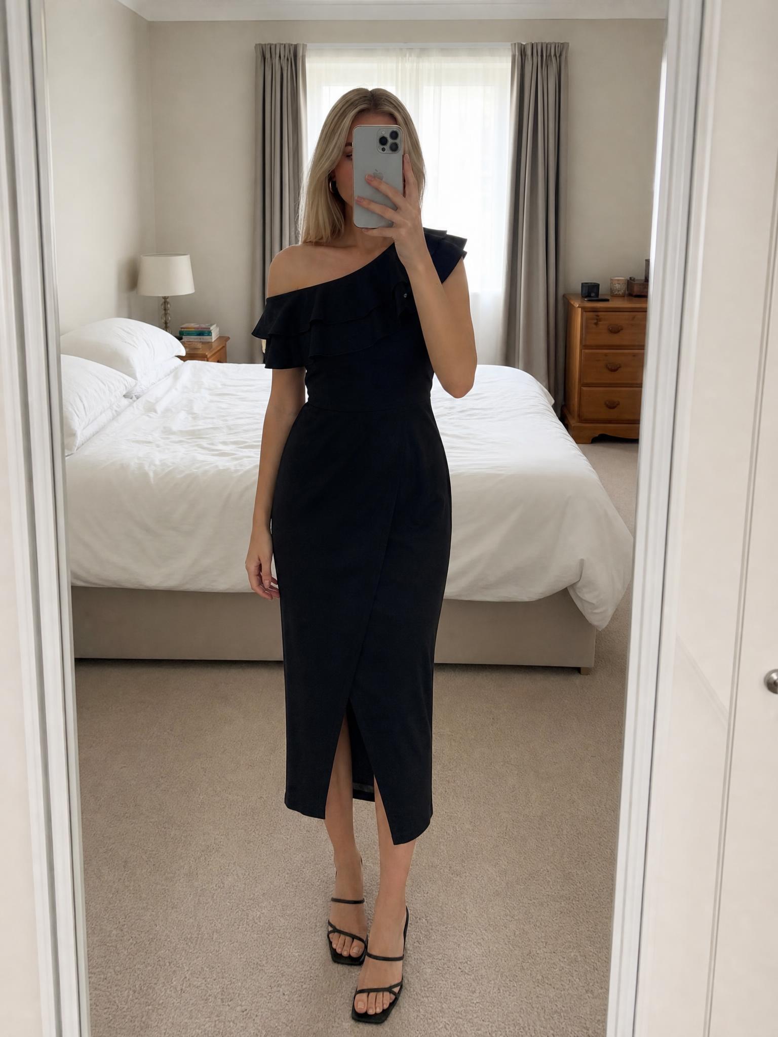 Anne Klein Black One-Shoulder Ruffle Jumpsuit New With Tags