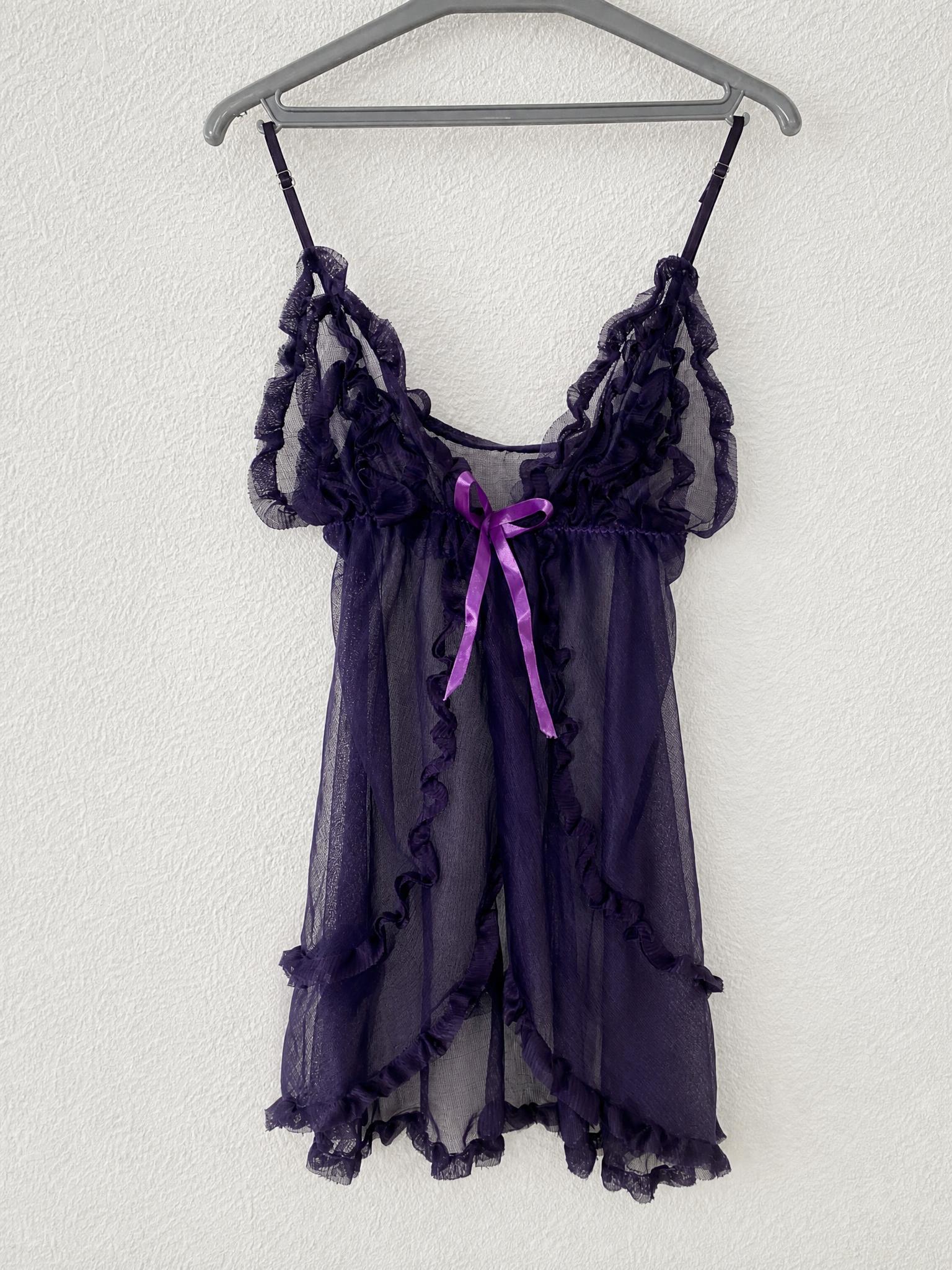 Black Sheer Ruffle Babydoll Nightdress with Purple Bow