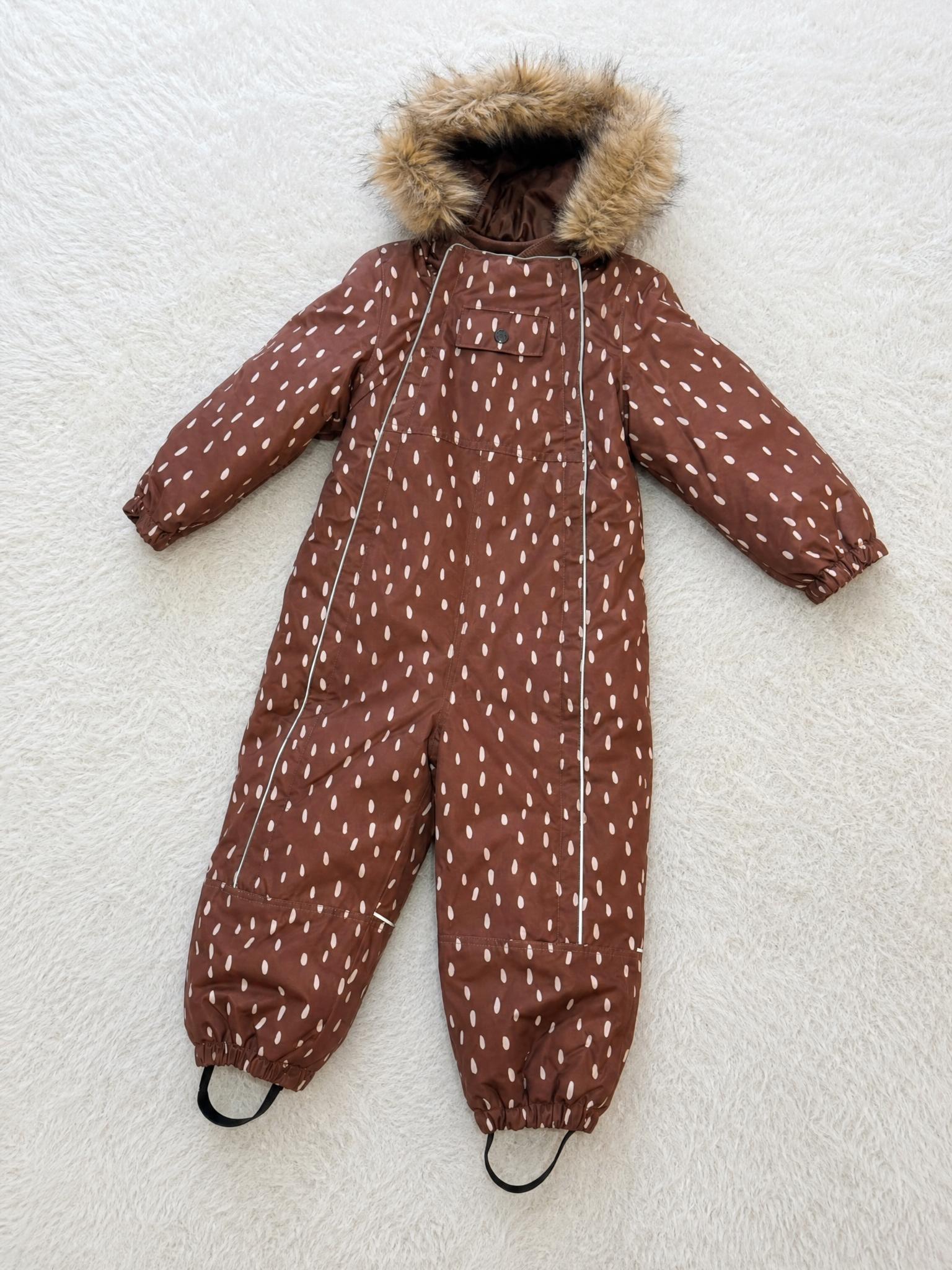 Kids brown printed padded snowsuit with fur-trim hood