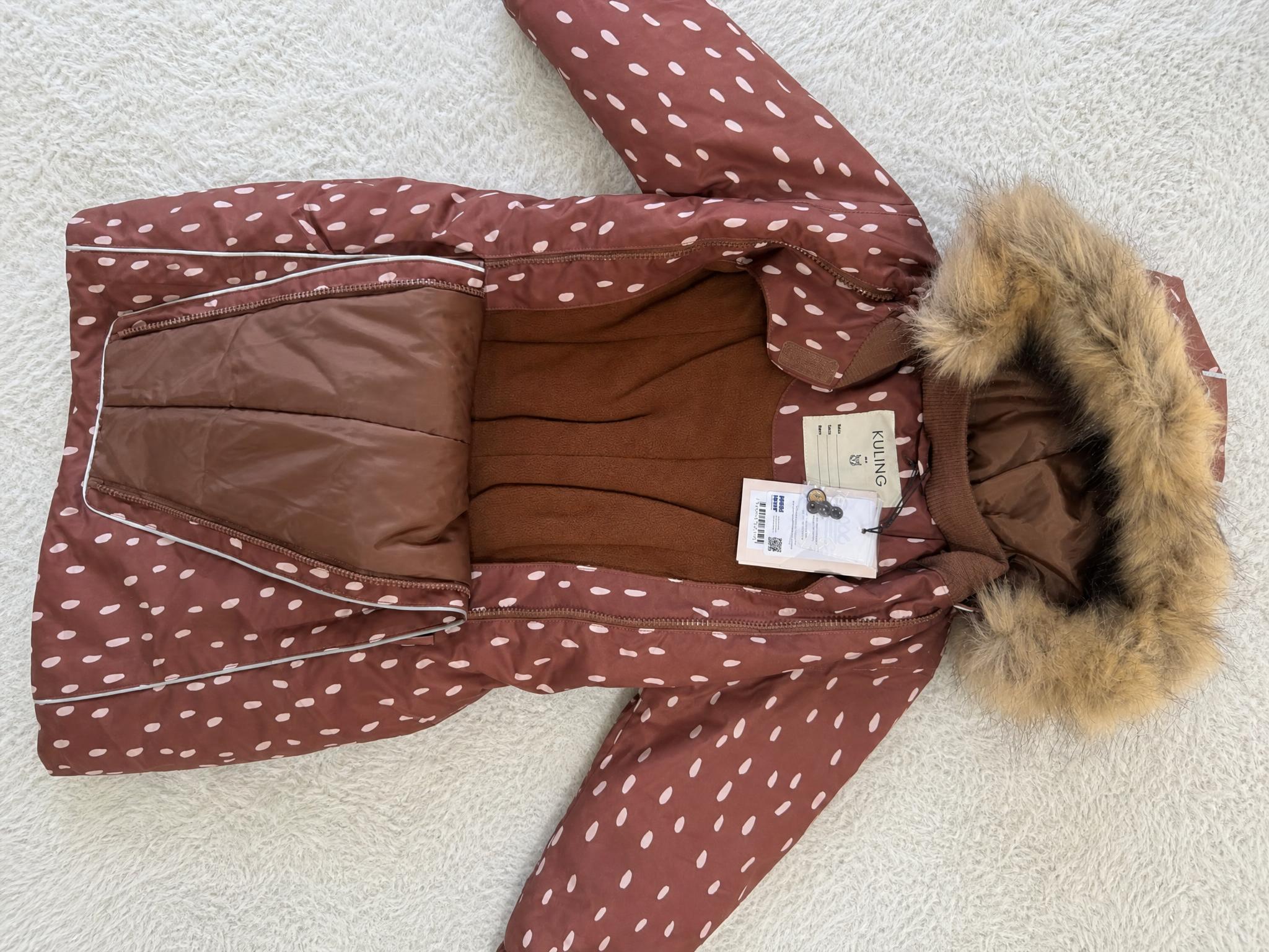 Kuling kids brown polka-dot winter coat with faux-fur hood, new