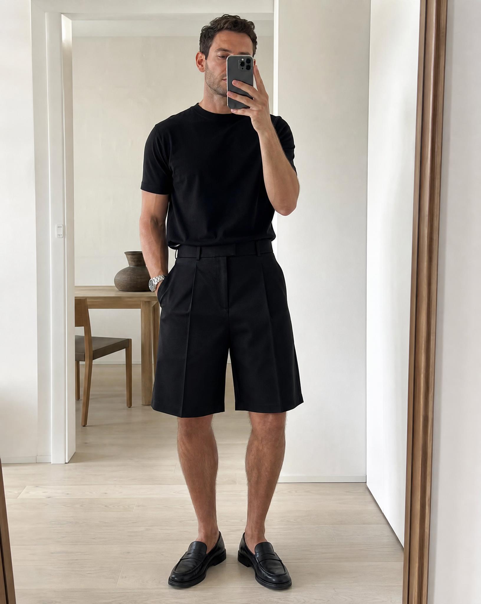 Black high-waisted tailored wide-leg shorts