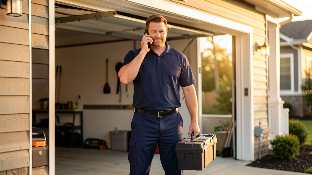 A garage door repair technician in a plain navy uniform answering a phone at an open garage bay, no text