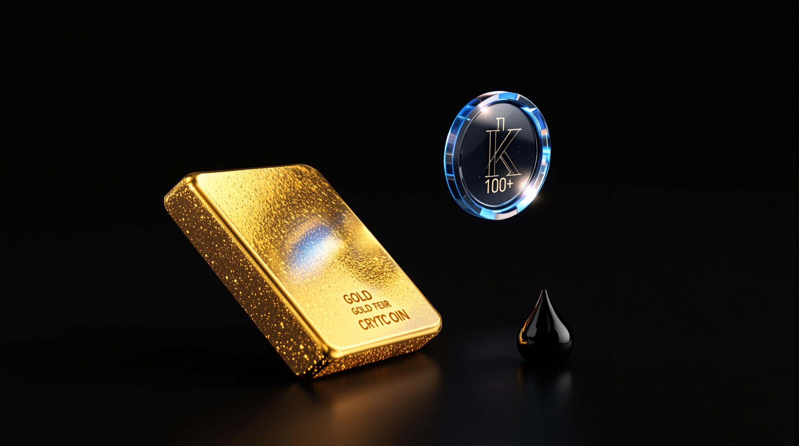 abstract still-life of three asset symbols (polished gold bullion bar, translucent silver-blue crypto token, glossy black oil droplet) — editorial cover artwork for the Knightron story on Stocks Rally As Fed Rate Hike Jitters Fade; Gold And Crypto