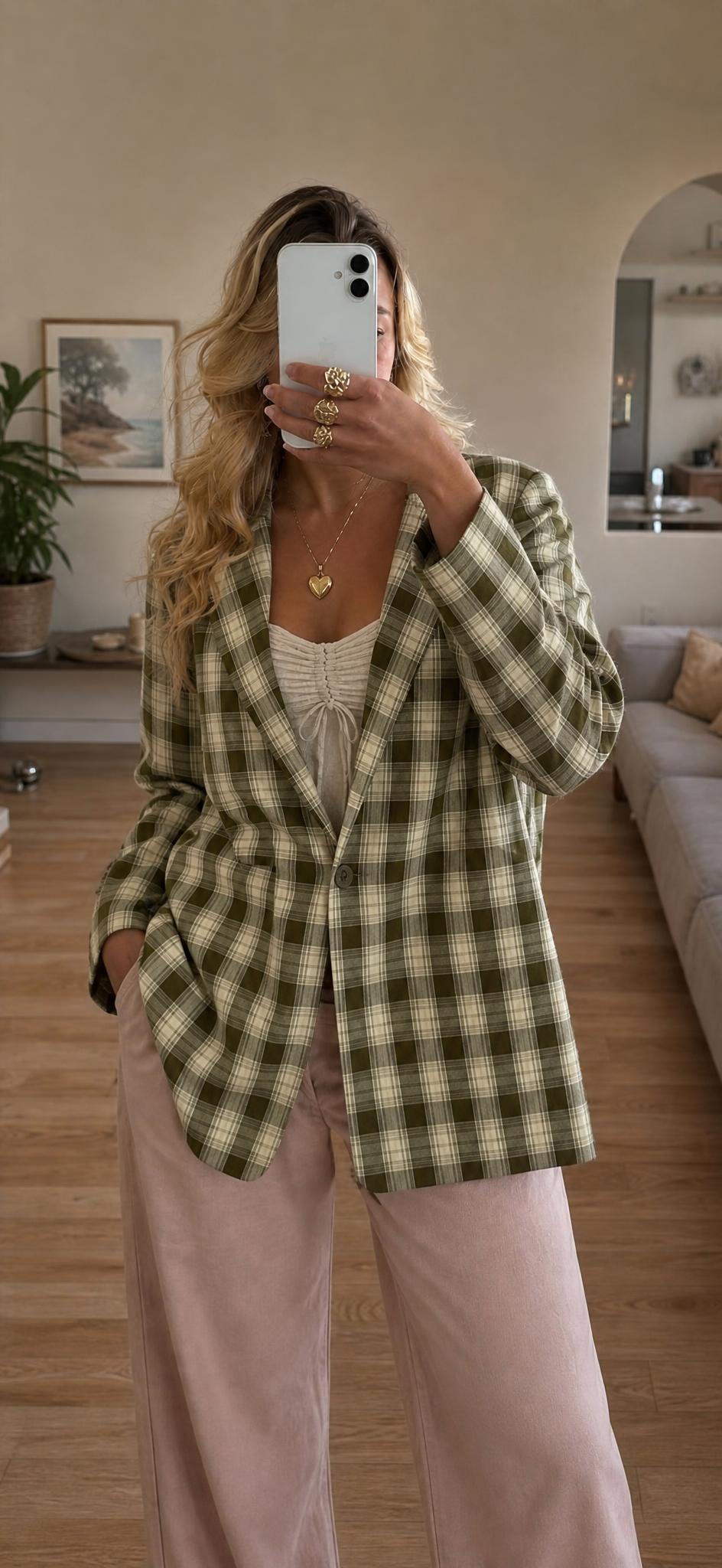 Checked Plaid Blazer Jacket Olive Green Cream Tailored Style