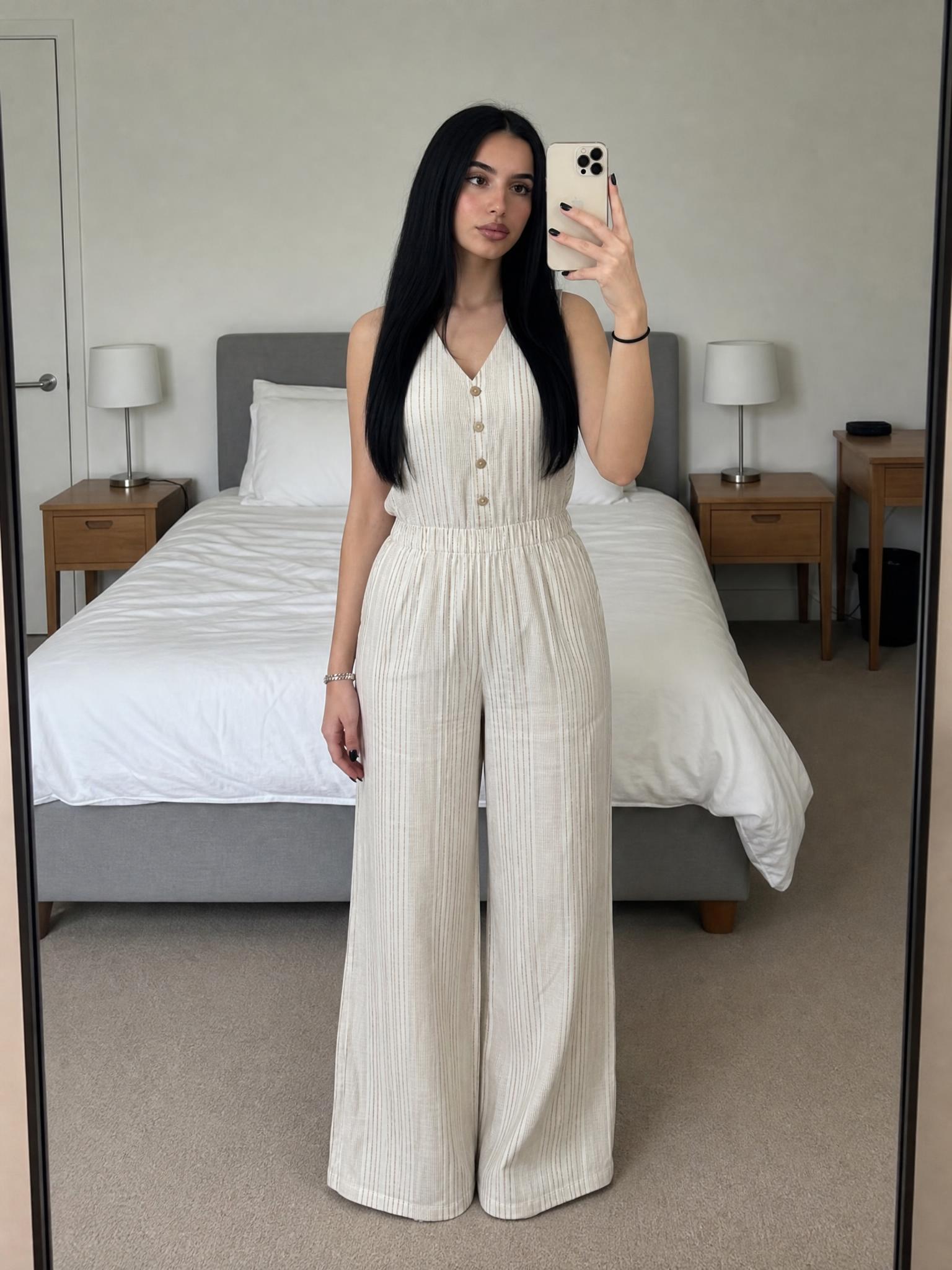 Cream Striped Sleeveless Wide-Leg Jumpsuit