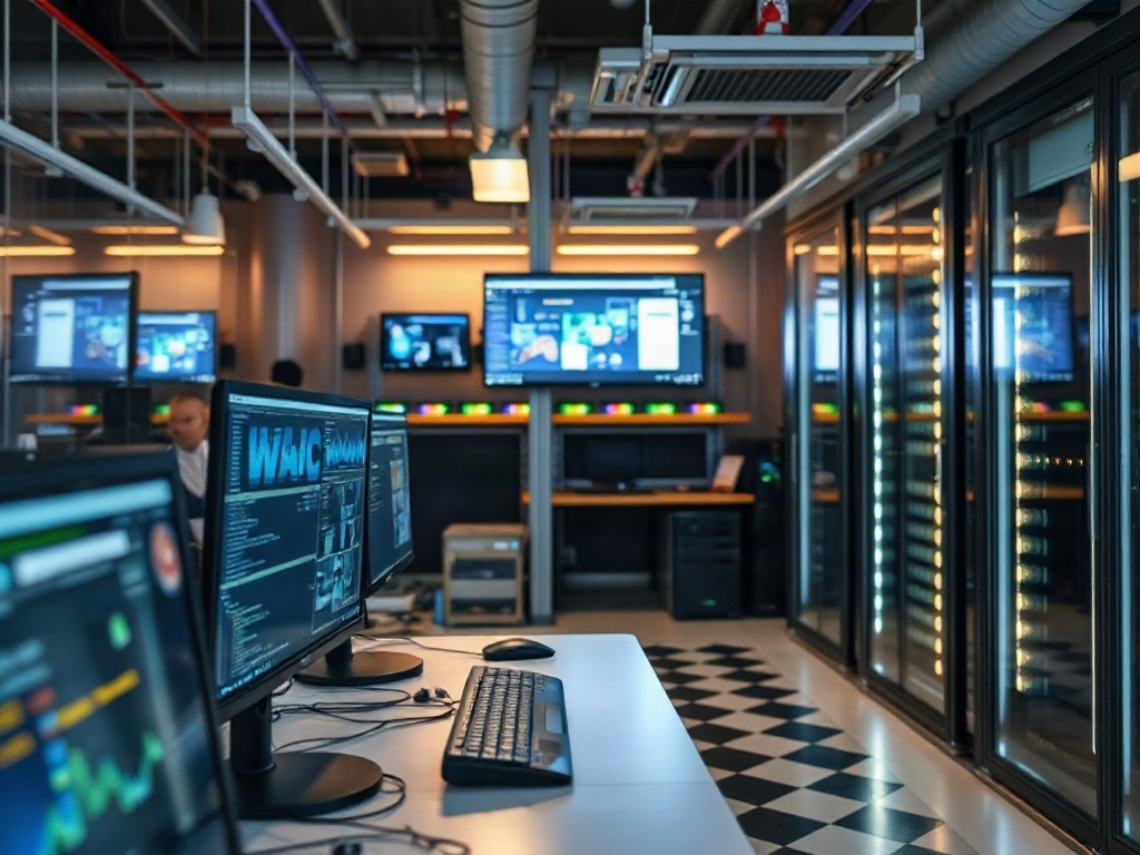 Illustration of self-hosted server hardware with a person troubleshooting network bottlenecks for self-hosting.