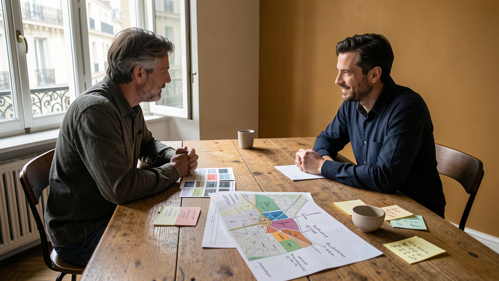 Réunion de travail entre un marchand et un consultant SEO dans un atelier parisien