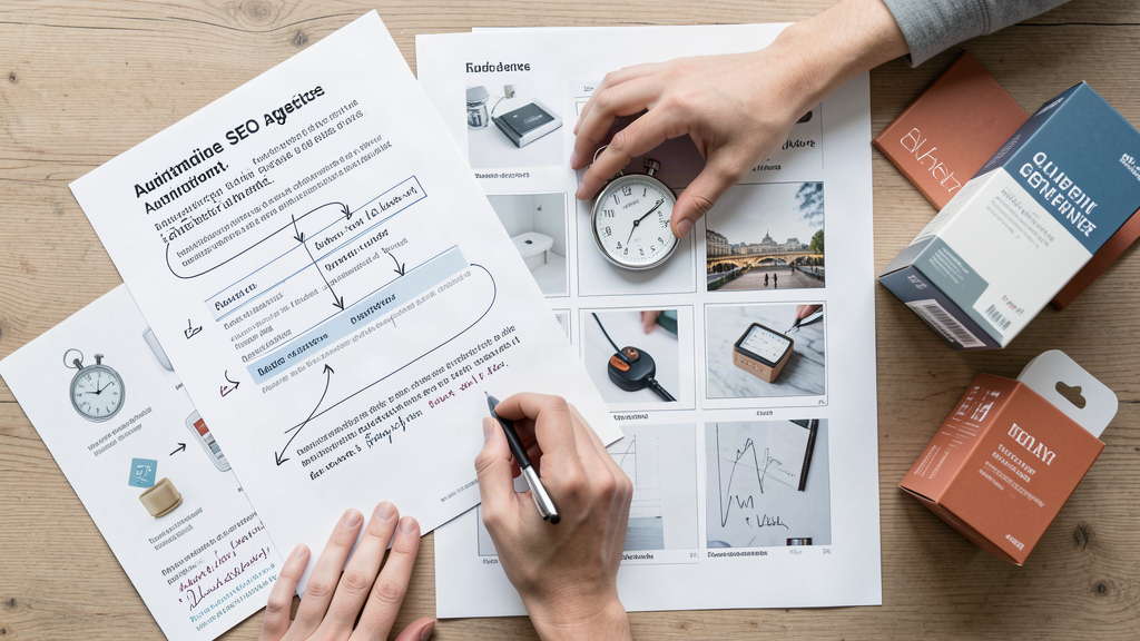 Documents de priorisation SEO, fiches produit et échantillons de packaging sur une table
